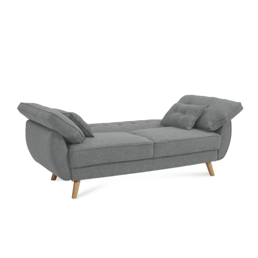 Canap&eacute; clic clac en tissu gris clair pi&egrave;tement en bois