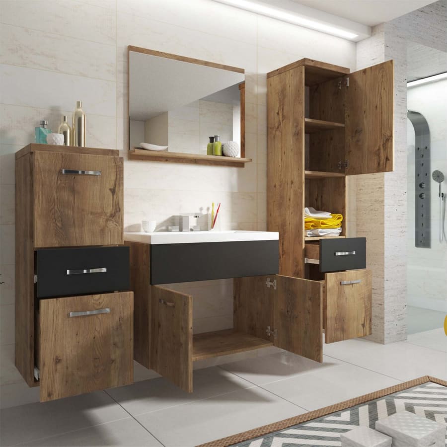 Ensemble meubles salle de bain design suspendu - Bois effet ch&ecirc;ne et noir