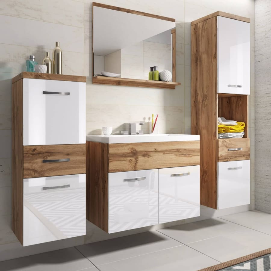 Ensemble meubles salle de bain suspendu - Bois effet vieilli et blanc