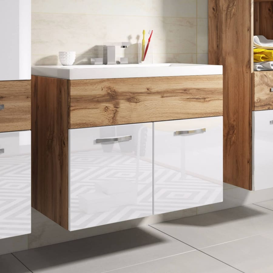 Ensemble meubles salle de bain suspendu - Bois effet vieilli et blanc