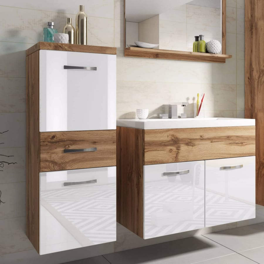 Ensemble meubles salle de bain suspendu - Bois effet vieilli et blanc