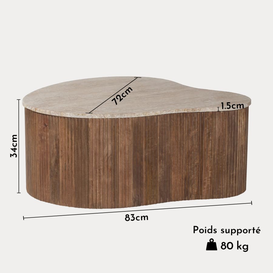 Table basse en travertin et bois de manguier 83 cm
