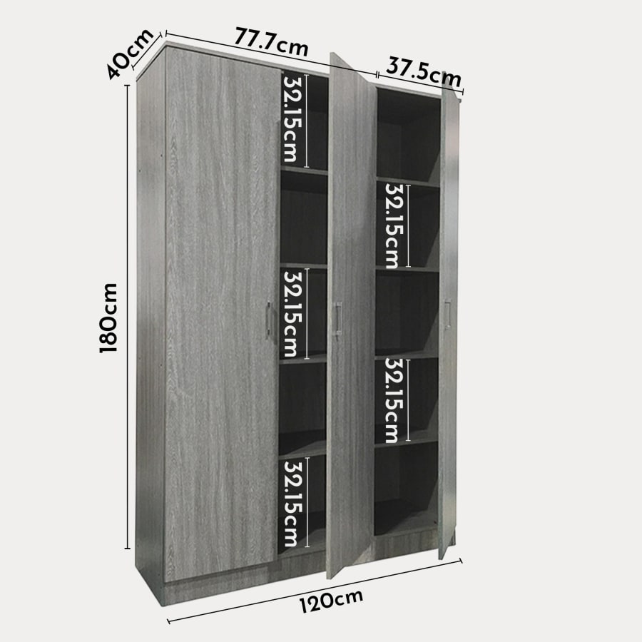 Armoire 3 portes 4 &eacute;tag&egrave;res couleur ch&ecirc;ne gris