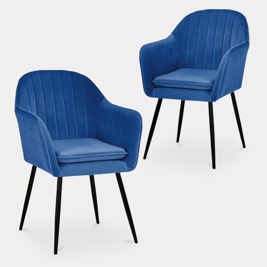 Lot de 2 chaises avec accoudoirs en velours bleu pieds noirs