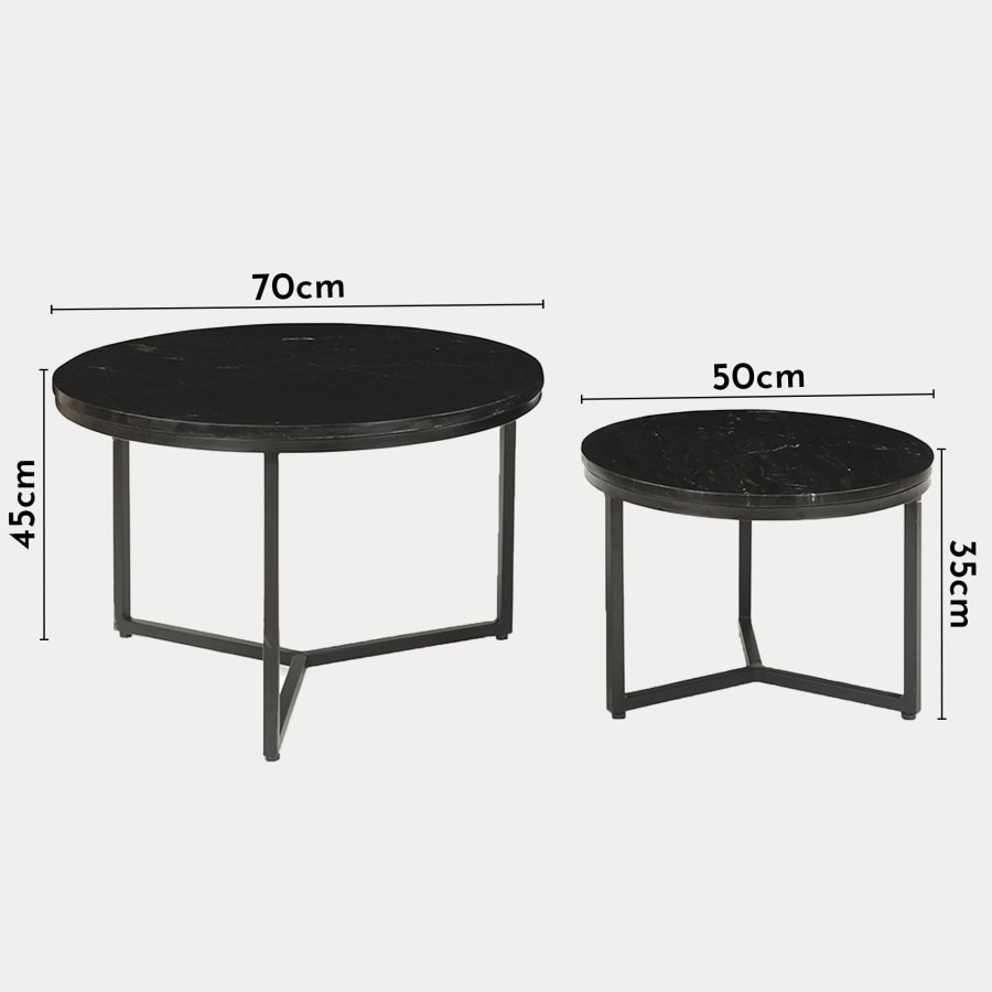 Lot de 2 tables basses rondes en marbre pi&egrave;tement m&eacute;tal noir