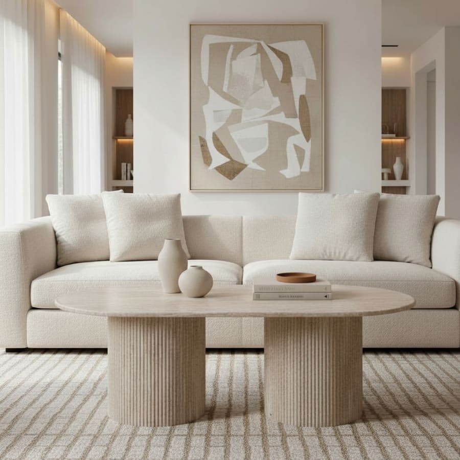 Table basse ovale en granite couleur travertin 120 cm