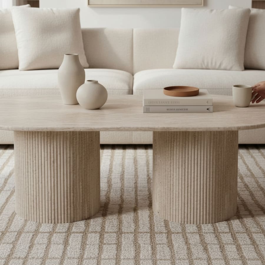 Table basse ovale en granite couleur travertin 120 cm