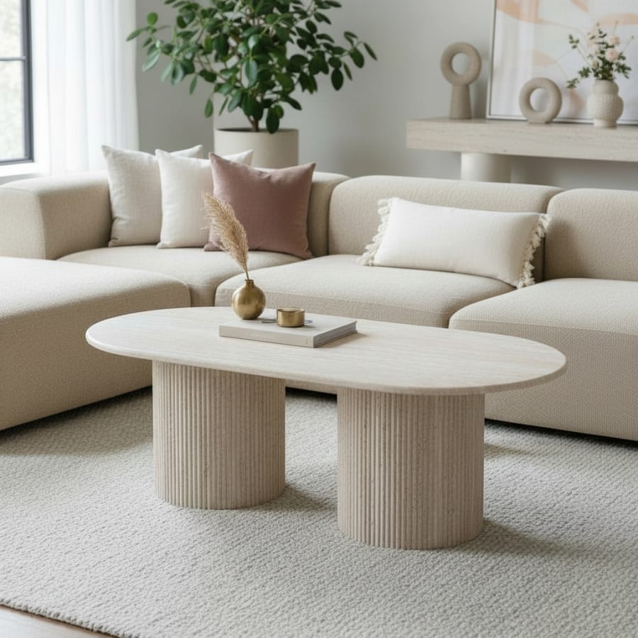 Table basse ovale en granite couleur travertin 120 cm