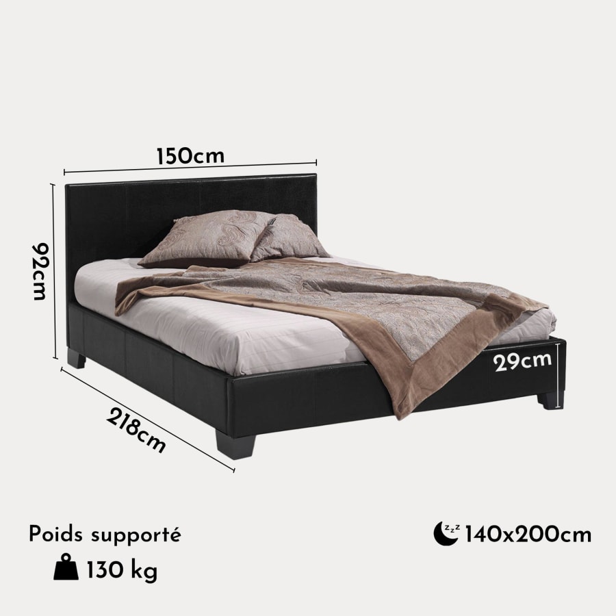 Lit double en simili cuir noir 140x200 cm