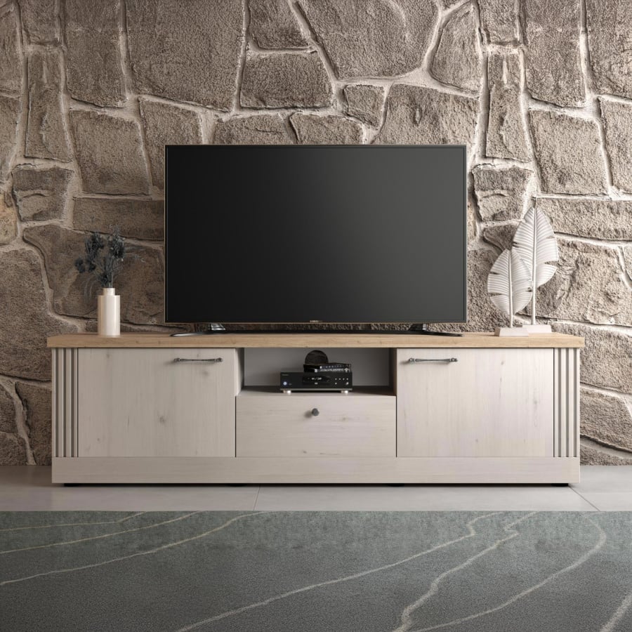 Meuble TV 2 portes 1 tiroir 1 niche &eacute;cru et effet bois clair