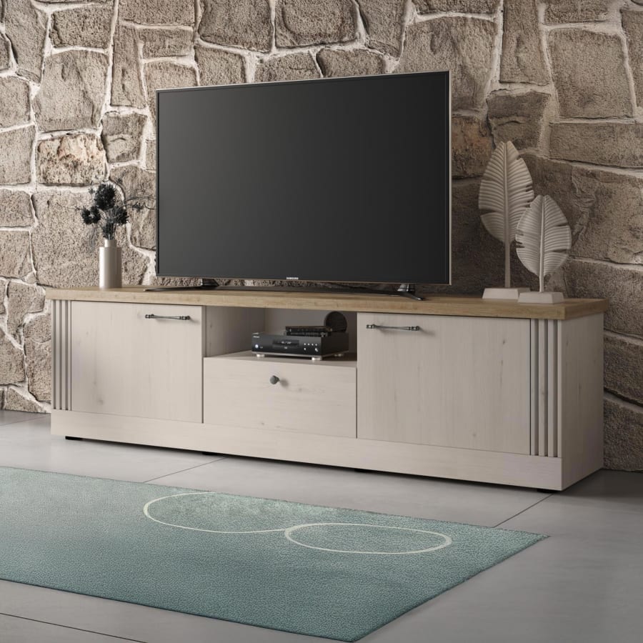 Meuble TV 2 portes 1 tiroir 1 niche &eacute;cru et effet bois clair