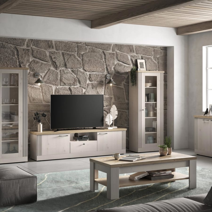 Meuble TV 2 portes 1 tiroir 1 niche &eacute;cru et effet bois clair