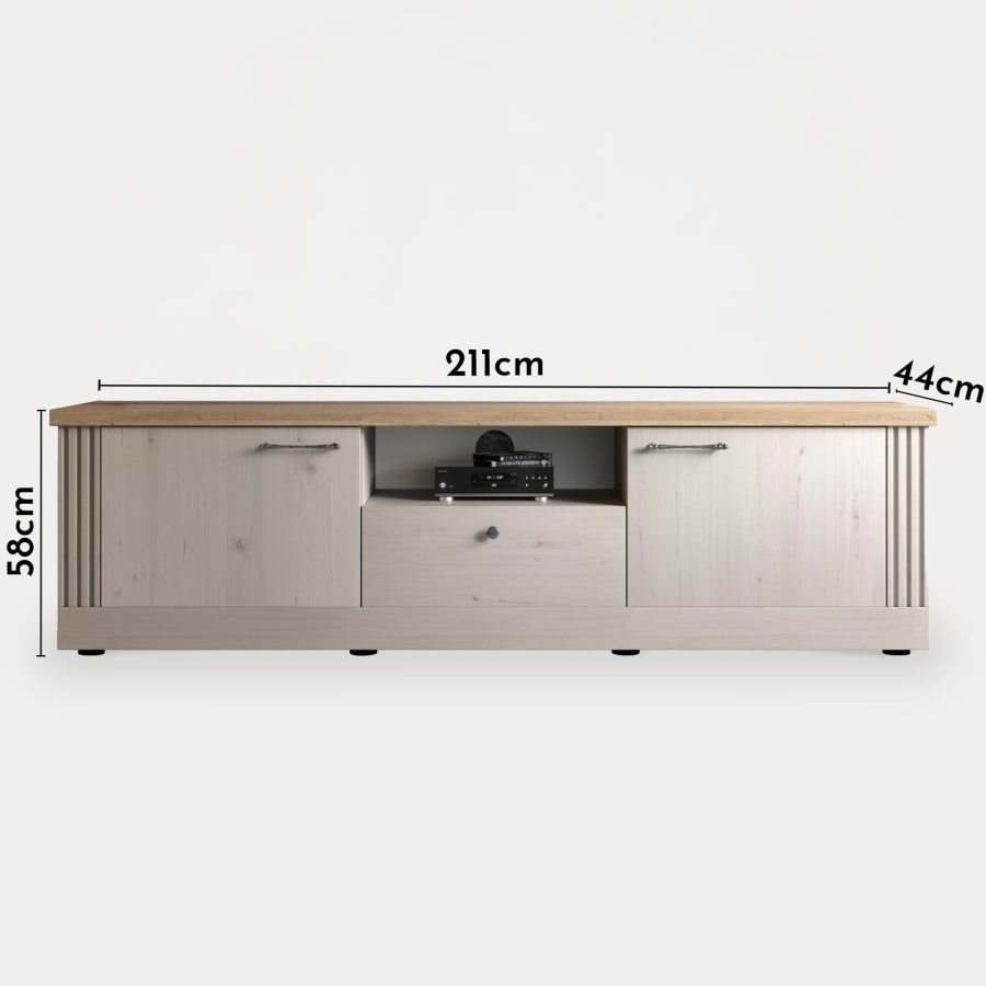 Meuble TV 2 portes 1 tiroir 1 niche &eacute;cru et effet bois clair