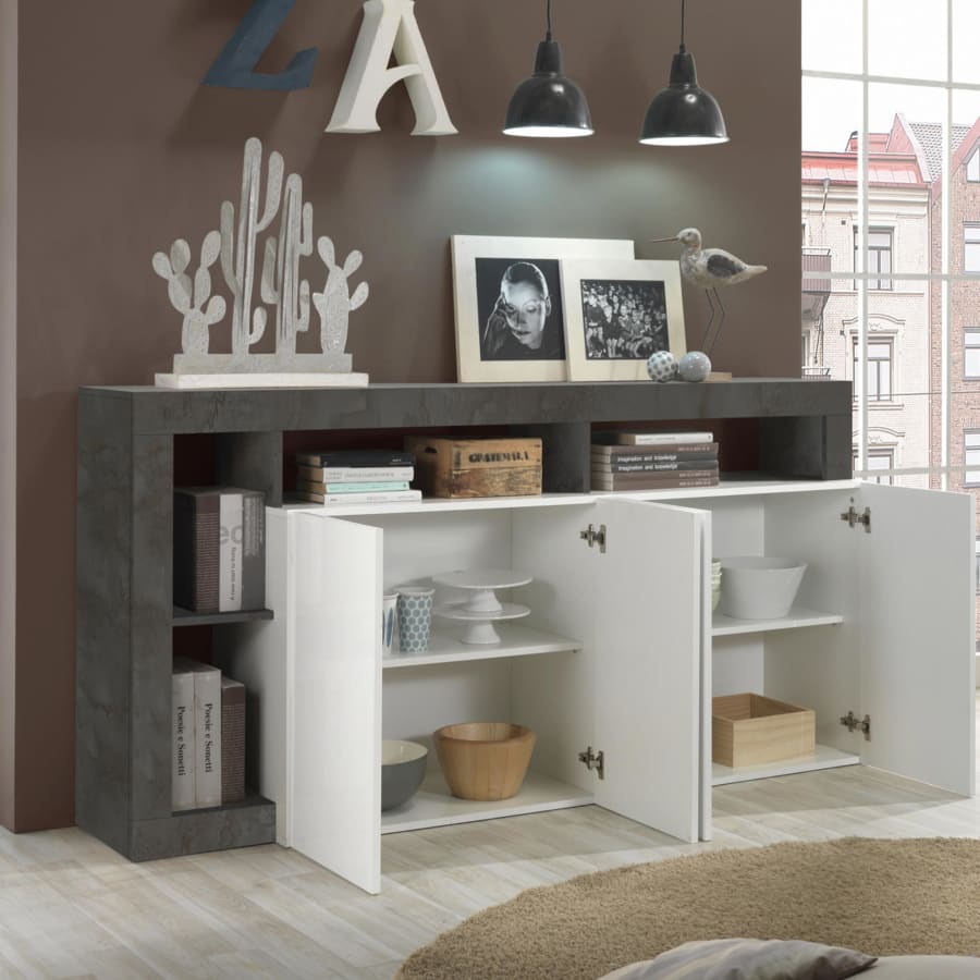 Buffet 4 portes et 4 niches gris et blanc