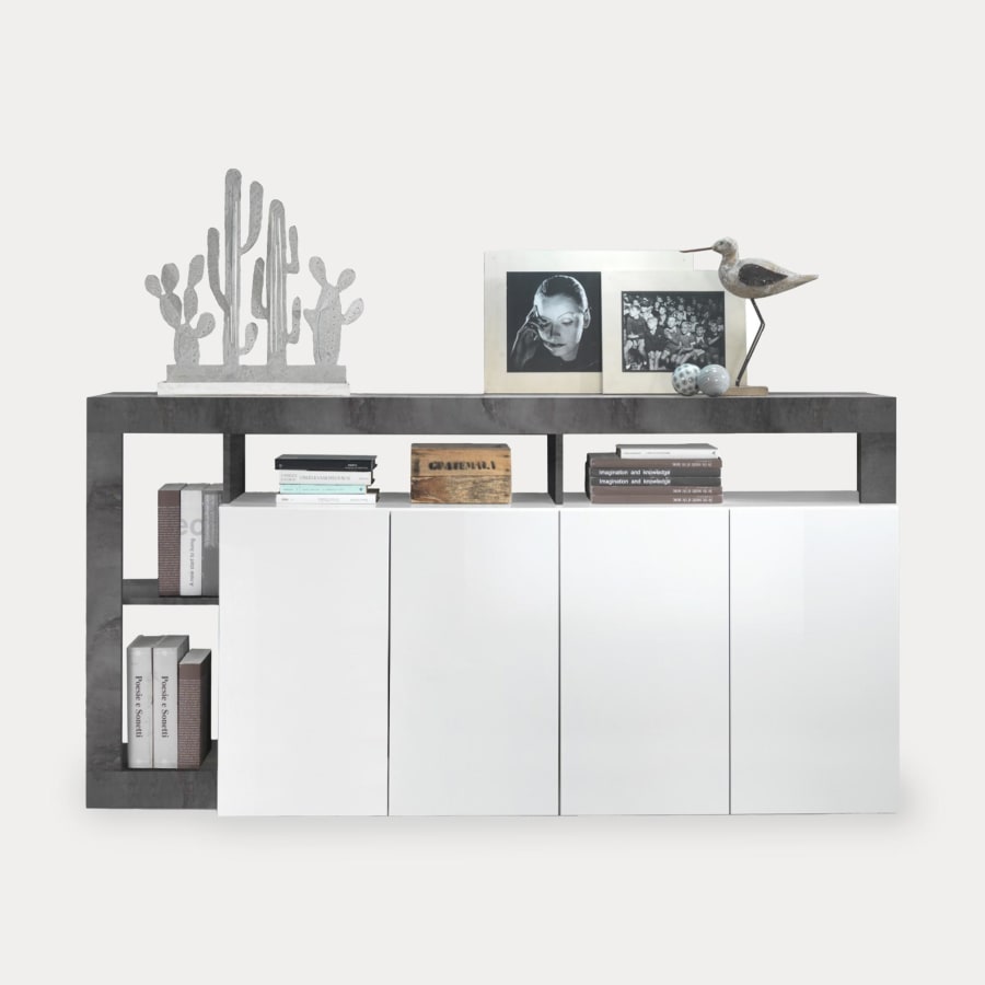 Buffet 4 portes et 4 niches gris et blanc