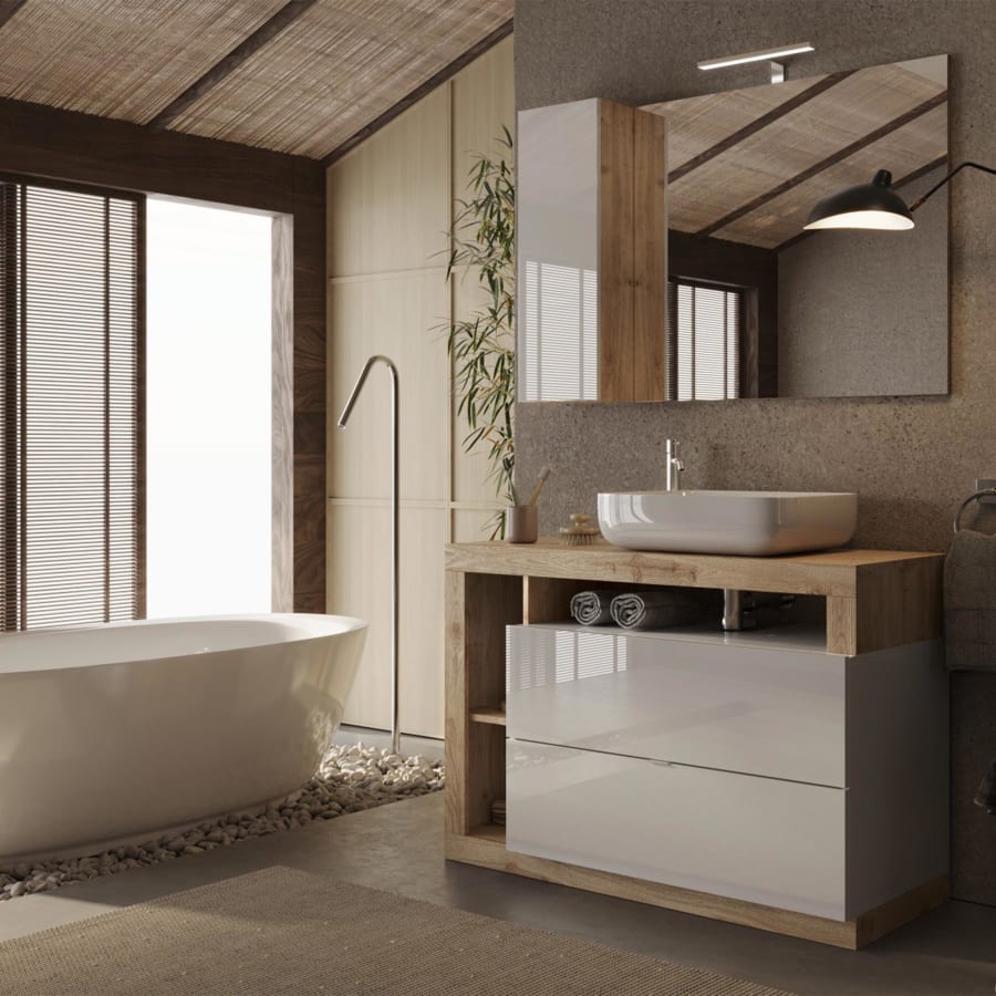 Meuble de salle de bain avec vasque 2 tiroirs effet bois et blanc 110 cm