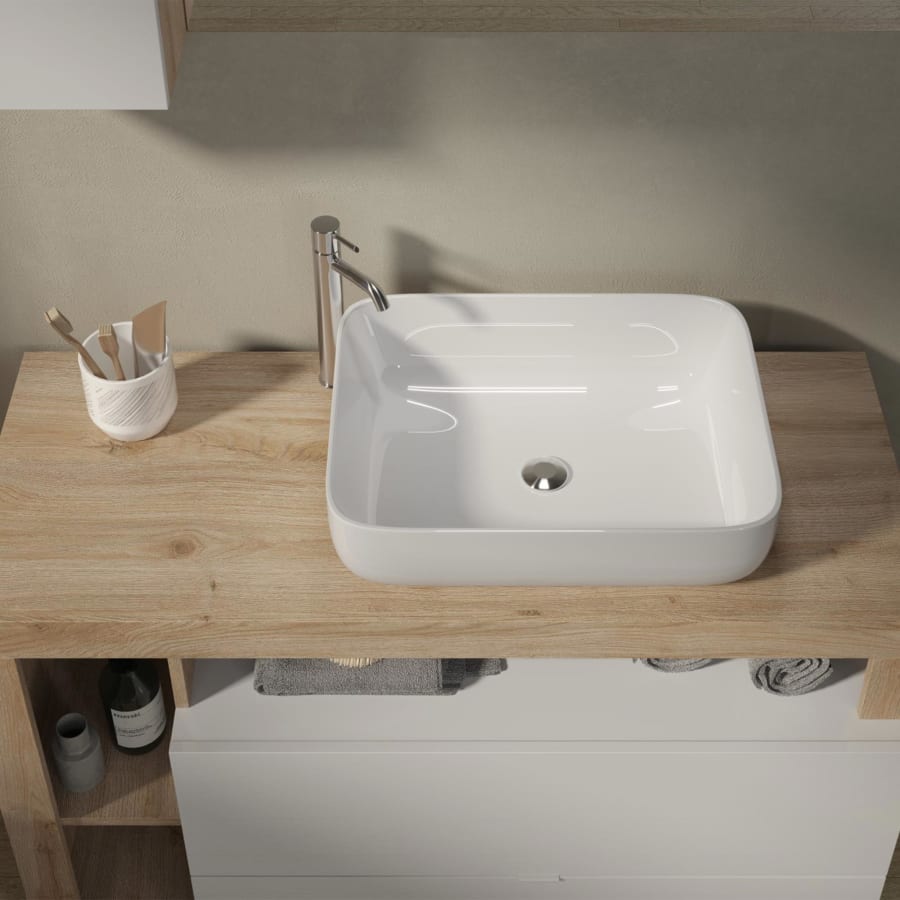 Meuble de salle de bain avec vasque 2 tiroirs effet bois et blanc 110 cm