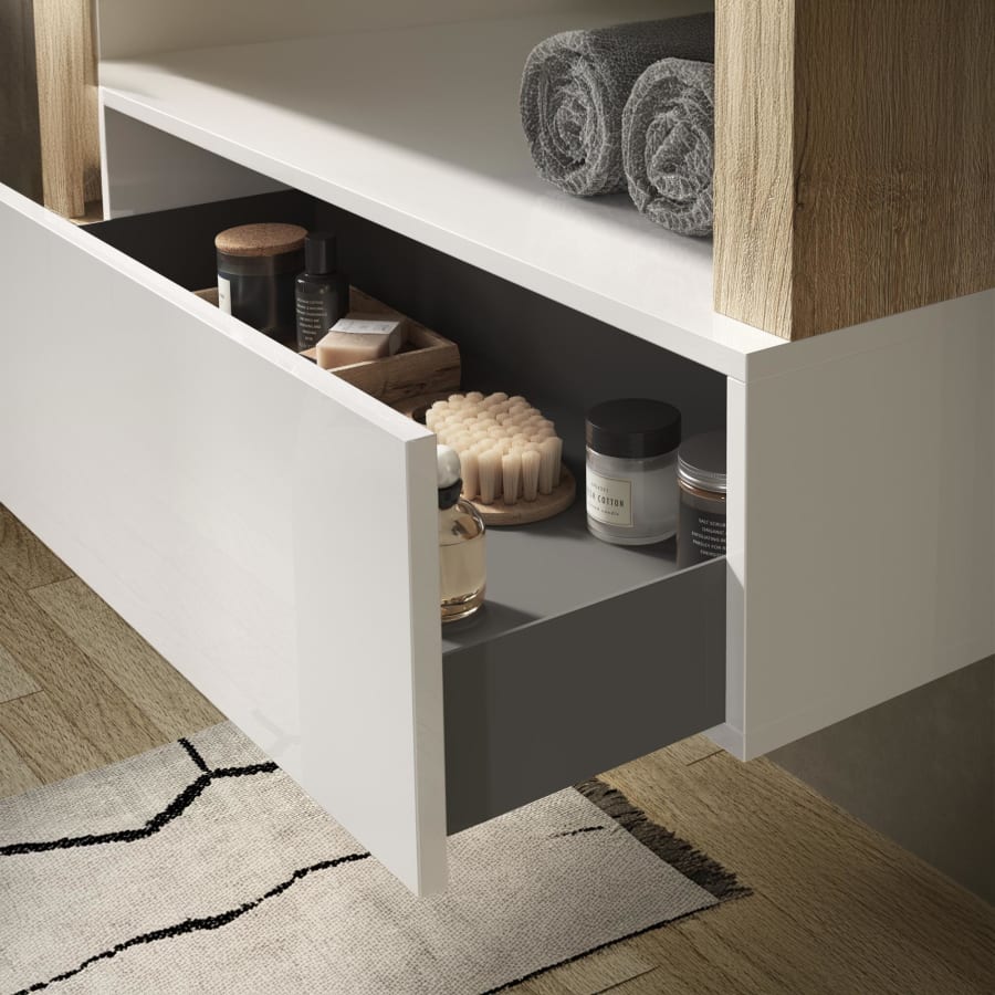 Meuble de salle de bain avec vasque 2 tiroirs effet bois et blanc 110 cm