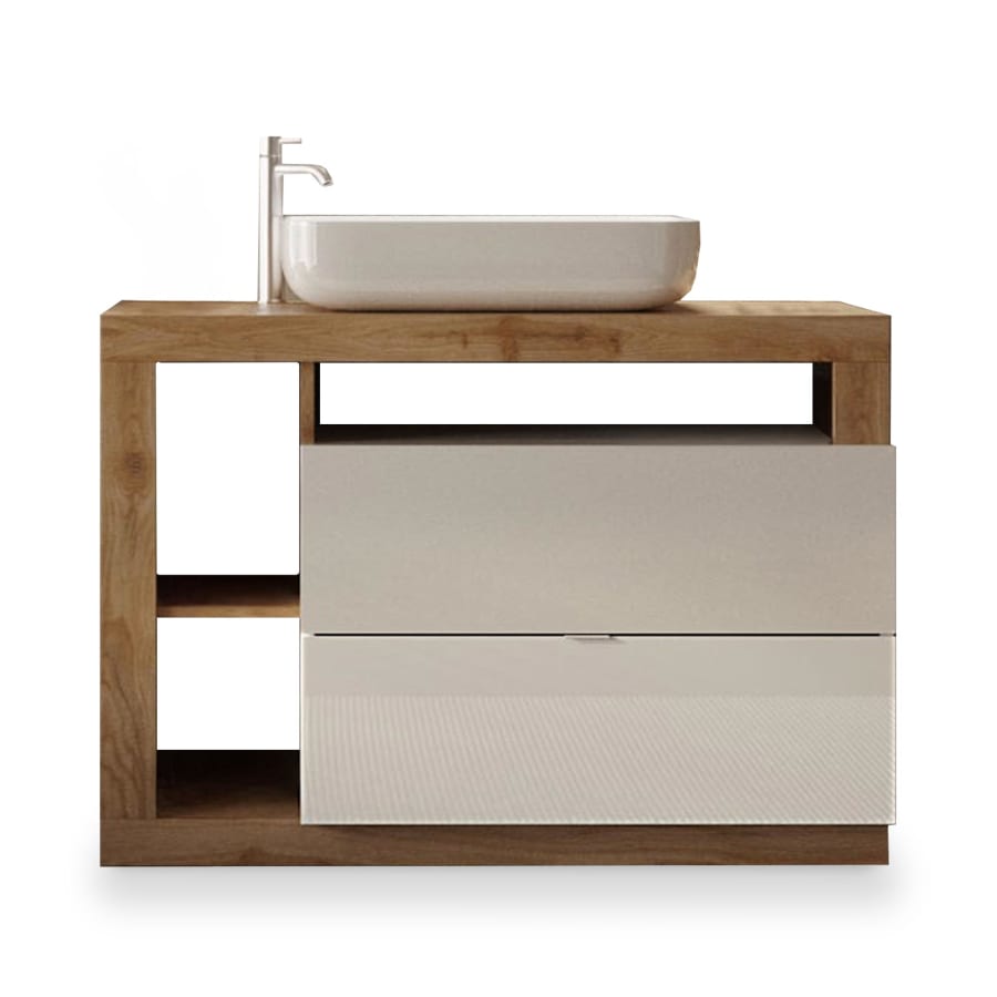 Meuble de salle de bain avec vasque 2 tiroirs effet bois et blanc 110 cm