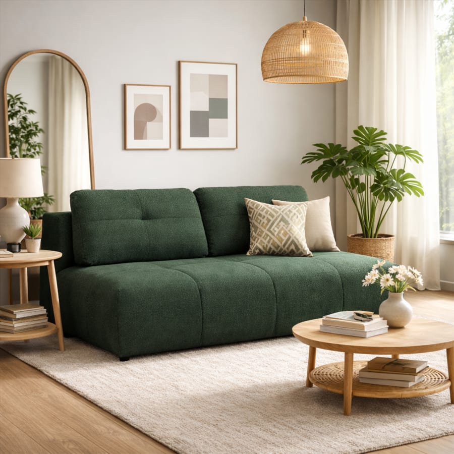 Canap&eacute; 3 places convertible avec coffre en tissu vert