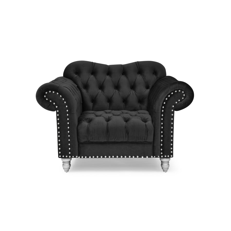 Fauteuil chesterfield en velours noir pieds argent&eacute;s