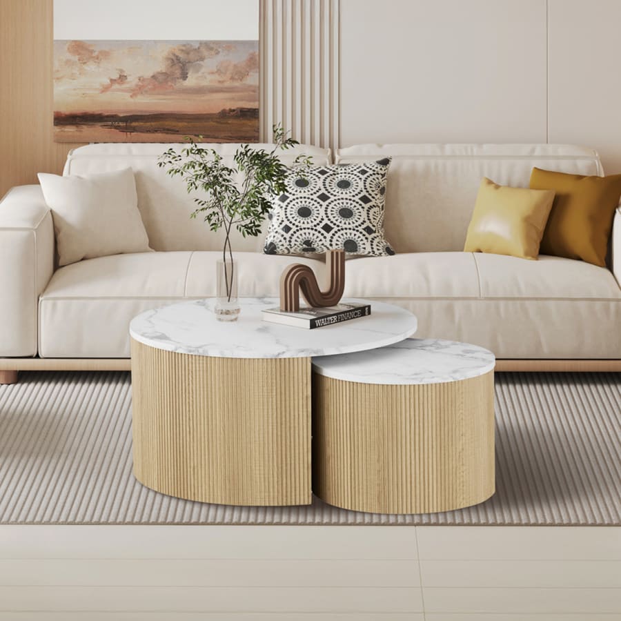 Lot de 2 tables basses rondes gigognes couleur marbre et bois