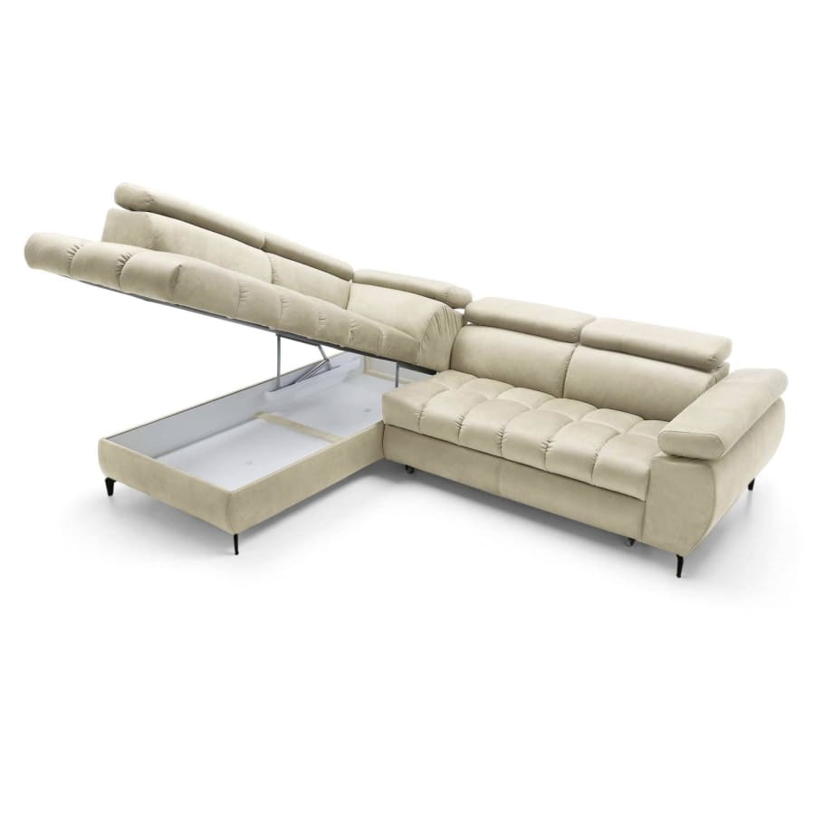 Canapé d’angle convertible matelassé avec coffre en velours beige  - Angle gauche