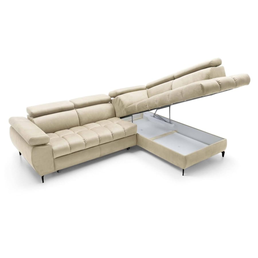 Canapé d’angle convertible matelassé avec coffre en velours beige SALLY - Angle droit