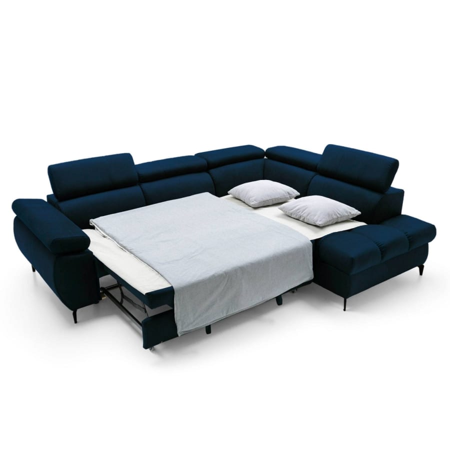 Canapé d’angle convertible matelassé avec coffre en velours bleu foncé - Angle droit