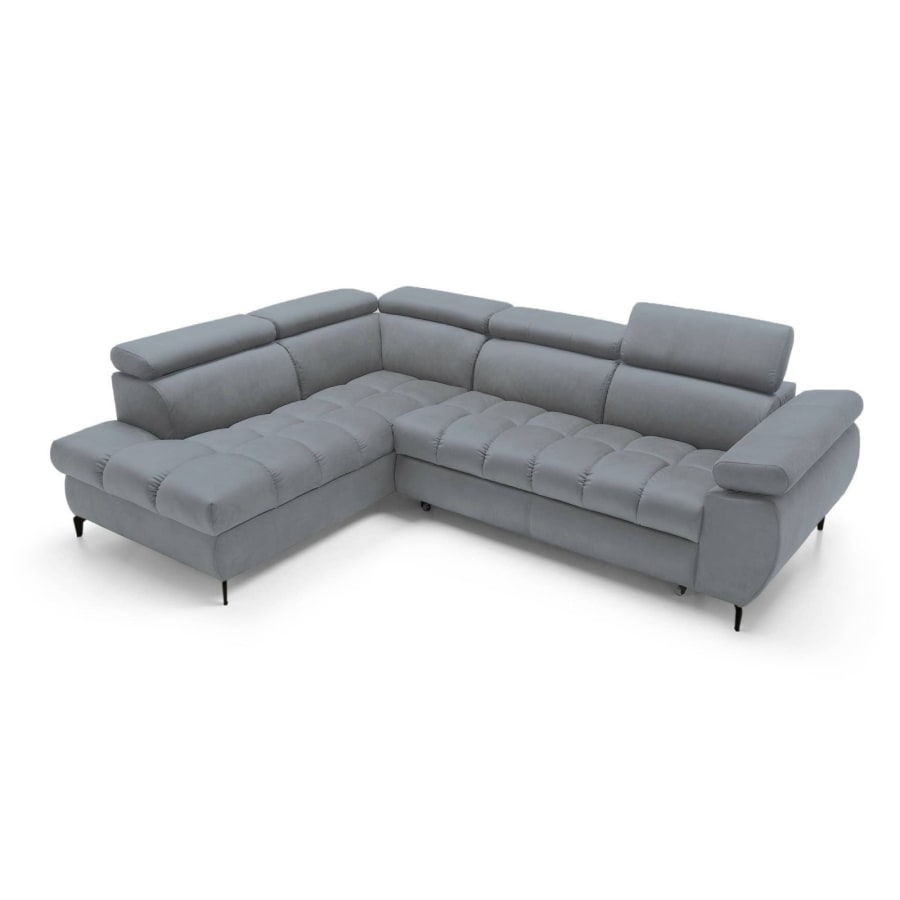 Canap&eacute; d&rsquo;angle convertible matelass&eacute; avec coffre en velours gris - Angle gauche