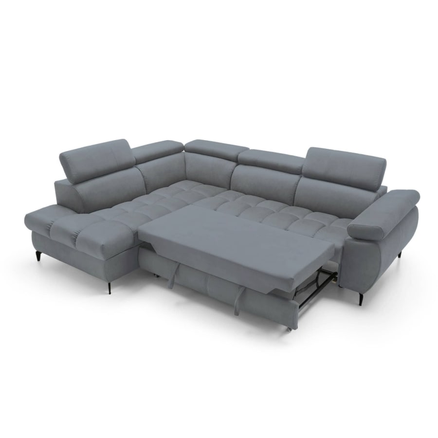 Canap&eacute; d&rsquo;angle convertible matelass&eacute; avec coffre en velours gris - Angle gauche