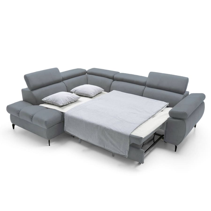 Canap&eacute; d&rsquo;angle convertible matelass&eacute; avec coffre en velours gris - Angle gauche