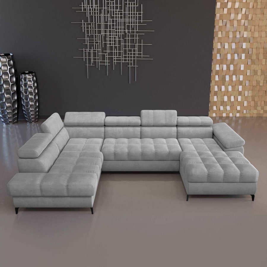 Canap&eacute; d'angle panoramique convertible avec coffre en tissu gris - Angle droit