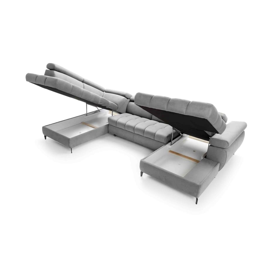 Canap&eacute; d'angle panoramique convertible avec coffre en tissu gris - Angle droit