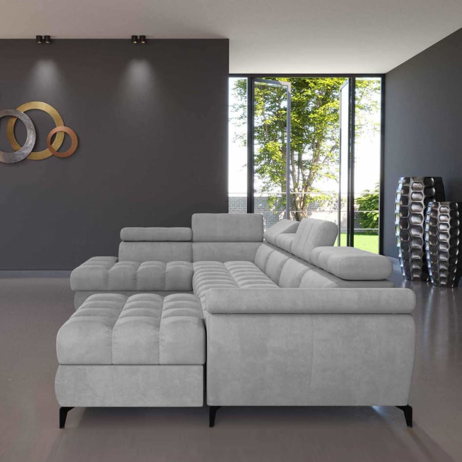 Canap&eacute; d'angle panoramique convertible avec coffre en tissu gris - Angle droit