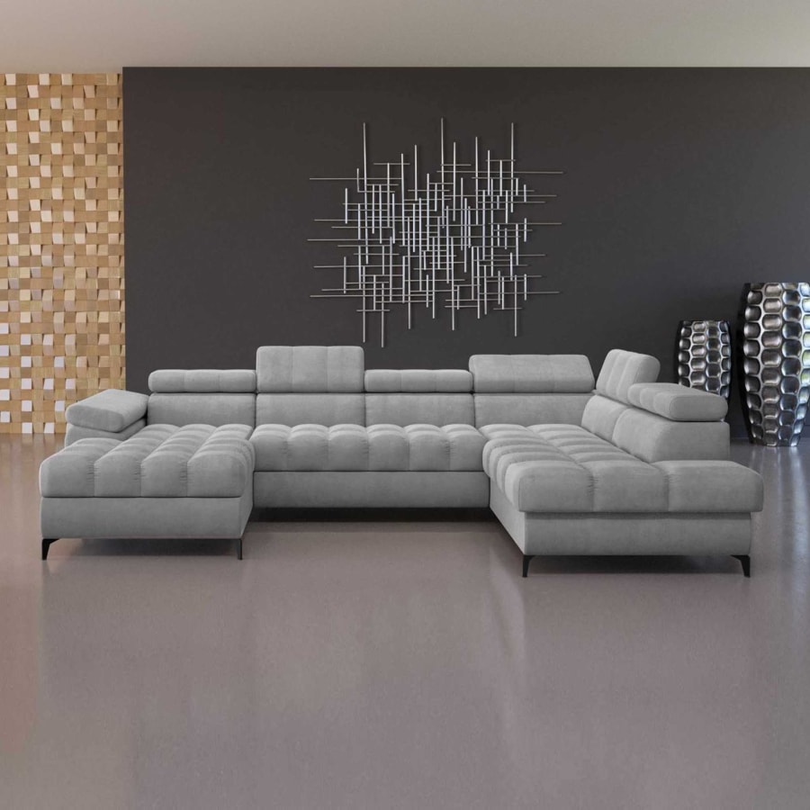 Canap&eacute; d'angle panoramique convertible avec coffre en tissu gris - Angle gauche