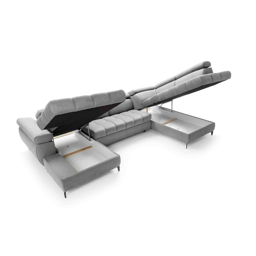 Canap&eacute; d'angle panoramique convertible avec coffre en tissu gris - Angle gauche