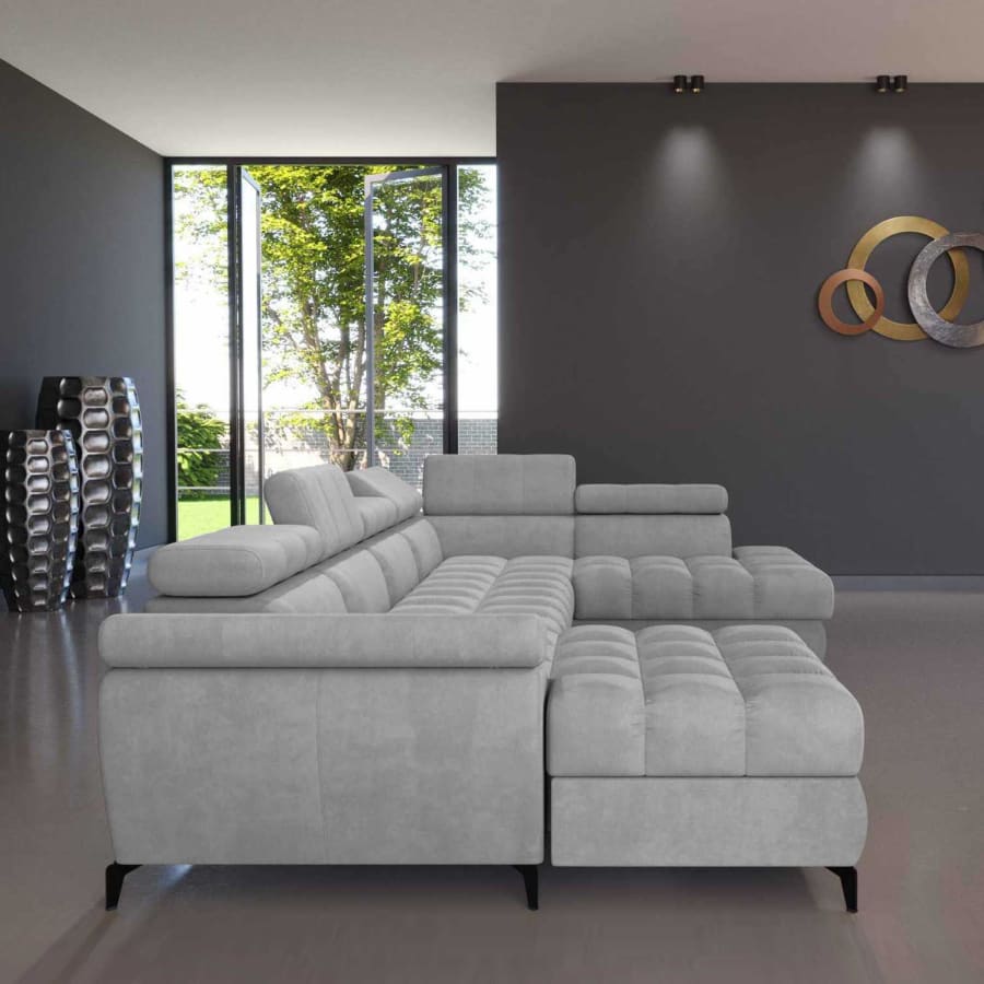 Canap&eacute; d'angle panoramique convertible avec coffre en tissu gris - Angle gauche