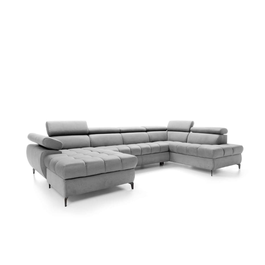 Canap&eacute; d'angle panoramique convertible avec coffre en tissu gris - Angle gauche