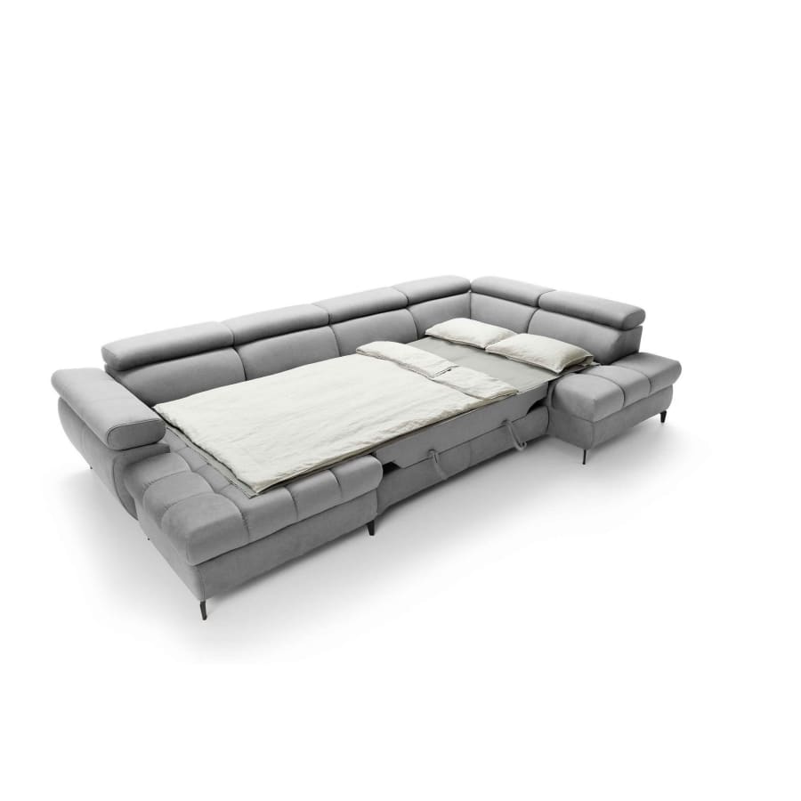 Canap&eacute; d'angle panoramique convertible avec coffre en tissu gris - Angle gauche