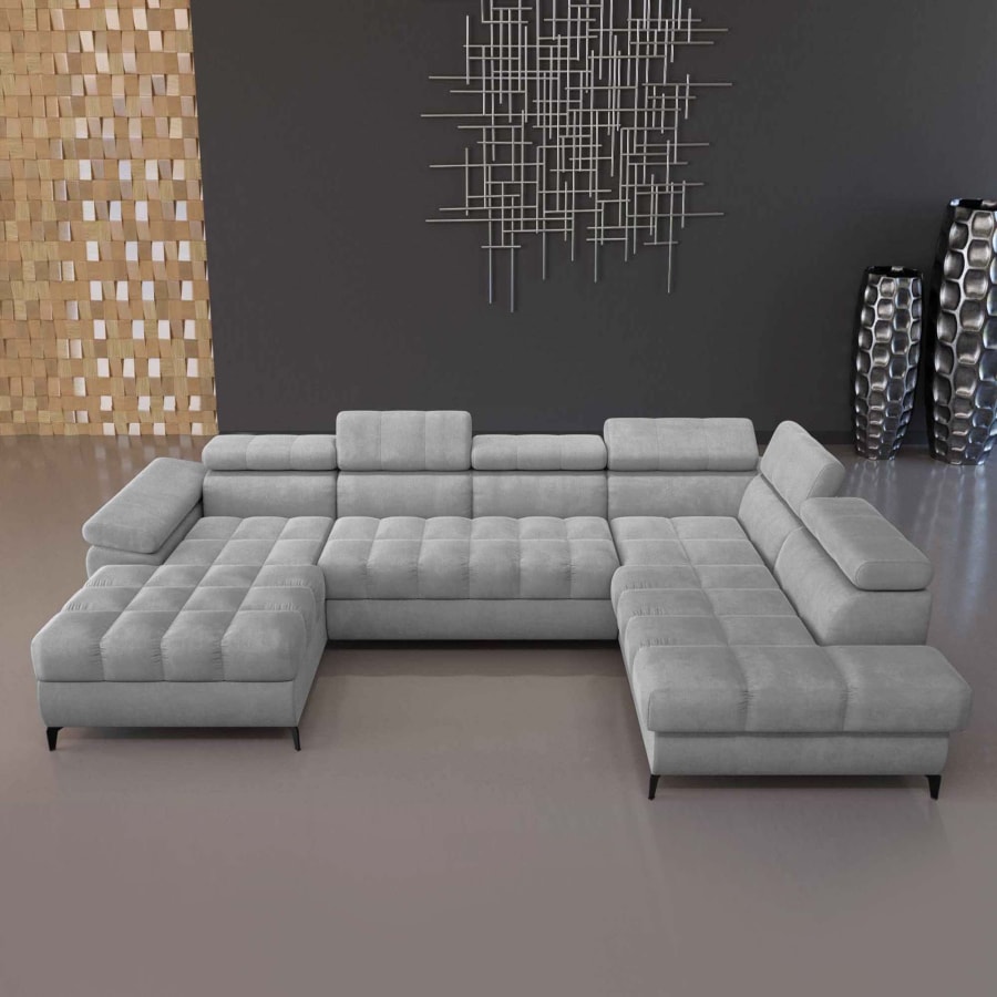 Canap&eacute; d'angle panoramique convertible avec coffre en tissu gris - Angle gauche