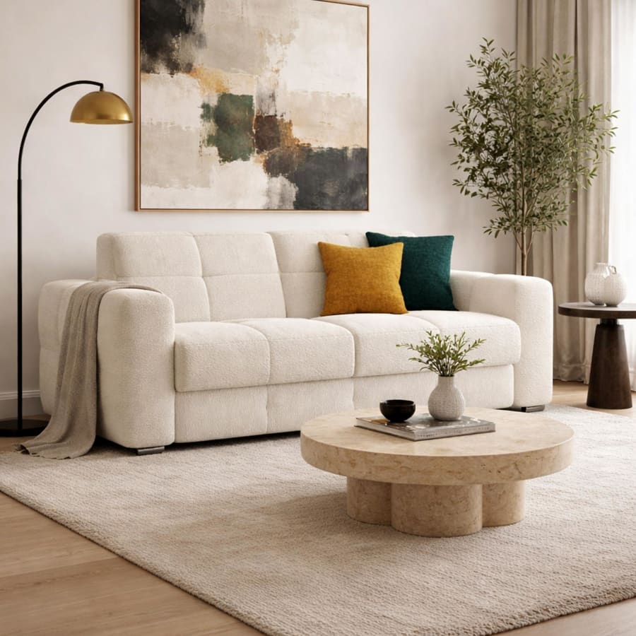 Canap&eacute; 3 places convertible  en tissu bouclette beige matelas Memory 14 cm