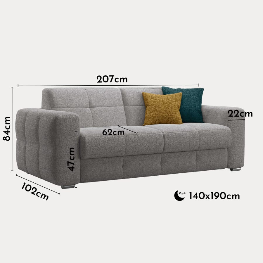Canapé 3 places convertible rapido en tissu bouclette gris matelas Memory 14 cm