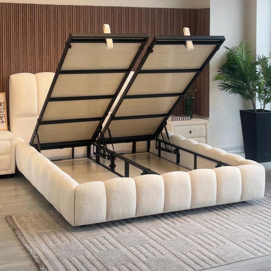 Lit double en tissu beige avec coffre 140x190 cm