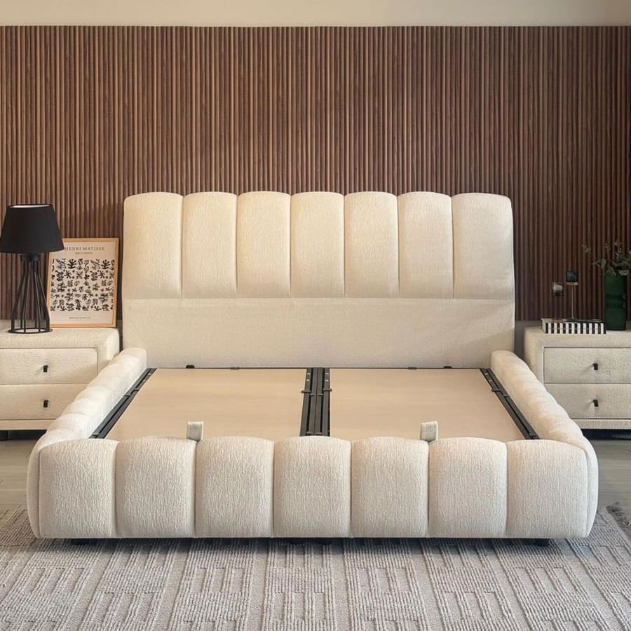 Lit double en tissu beige avec coffre 140x190 cm