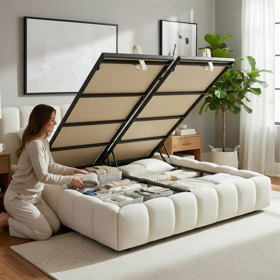 Lit double en tissu beige avec coffre 140x190 cm