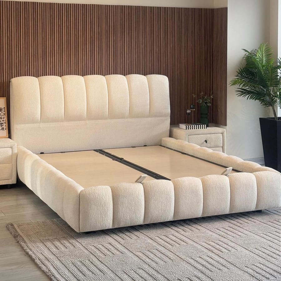 Lit double en tissu beige avec coffre 180x200 cm