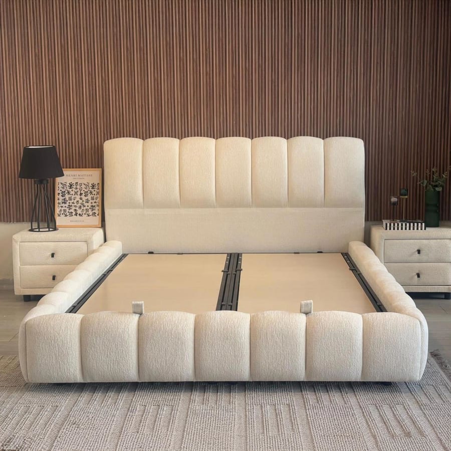 Lit double en tissu beige avec coffre 180x200 cm