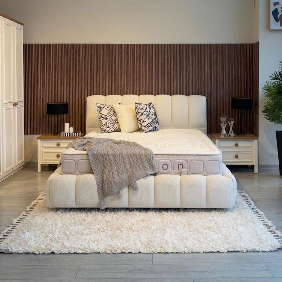 Lit double tissu beige avec coffre 160x200 cm