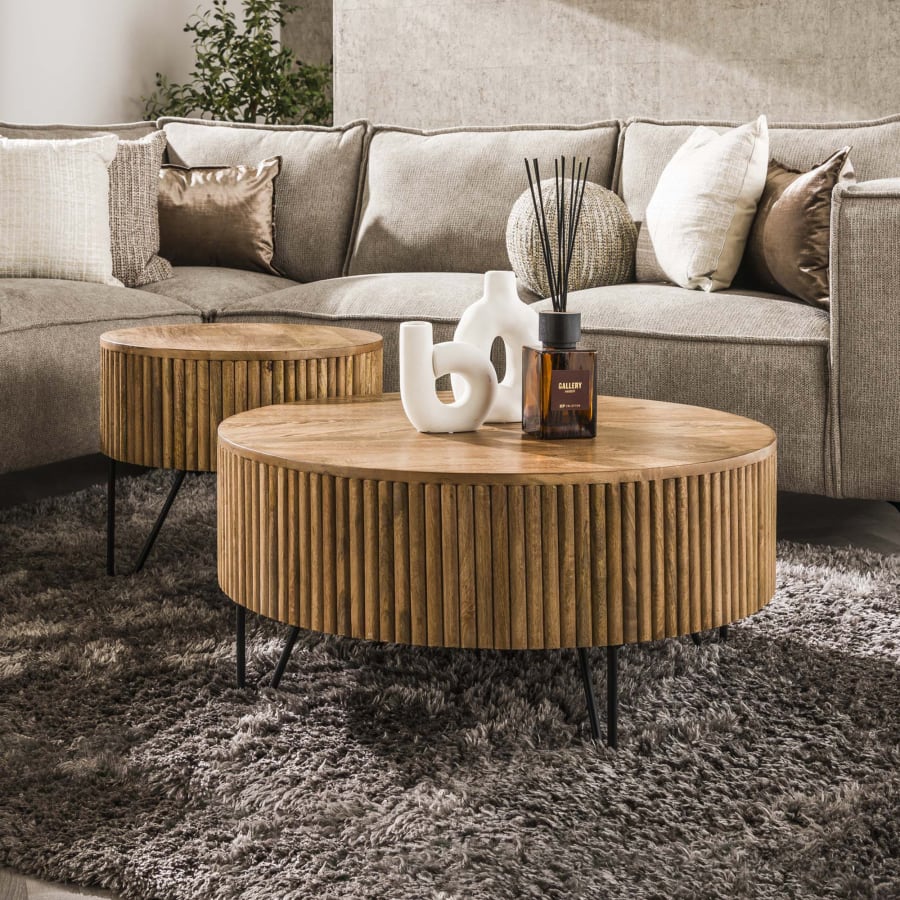 Lot de 2 tables en bois de manguier pi&egrave;tement en acier noir